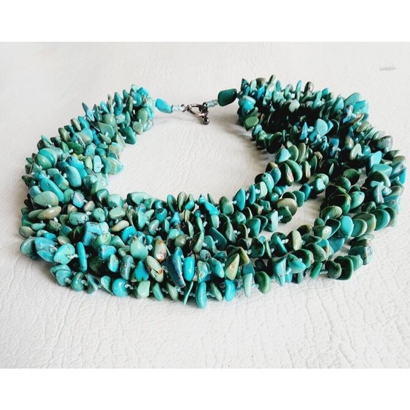 Vintage 925 Sterling Genuine TURQUOISE Chip 8 Strand Necklace Toggle Clasp - Picture 3 of 9